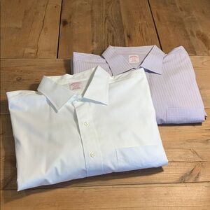 Bundle (2) Brooks Bros Men’s Dress Shirts Sz 18 Solid Wh & Blu Red Wh Stripe EUC